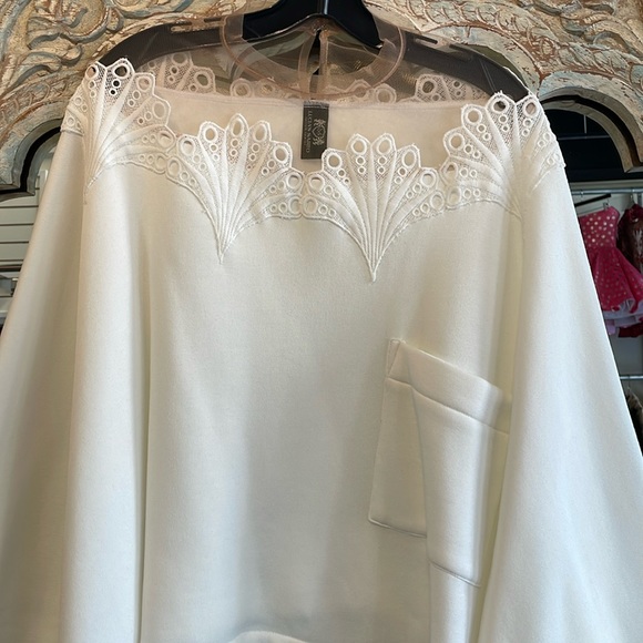 White lace illusion mesh dolman oversize soft fleece lined sweatshirt top - Picture 4 of 11